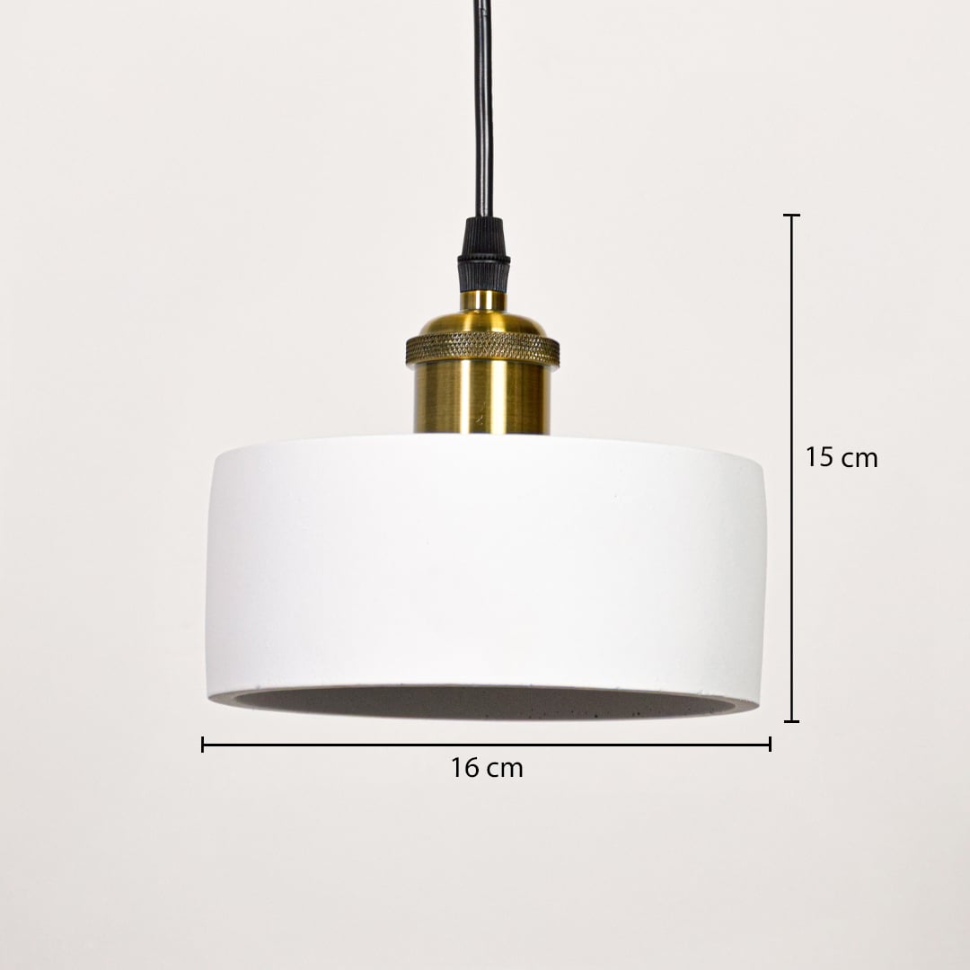 White metal pendant light with gold holder measuring 15 cm height and 16 cm width designed for ceiling hanging decor.