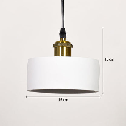 White metal pendant light with gold holder measuring 15 cm height and 16 cm width designed for ceiling hanging decor.