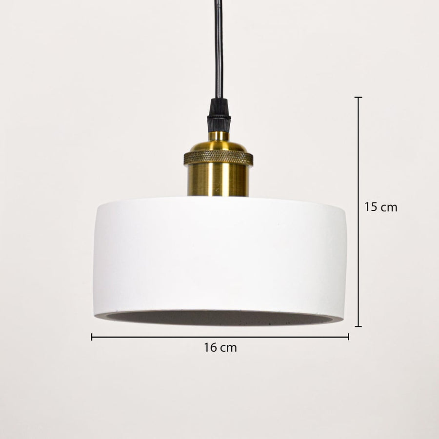White metal pendant light with gold holder measuring 15 cm height and 16 cm width designed for ceiling hanging decor.