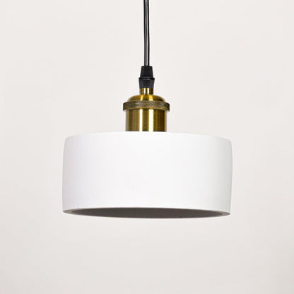 Minimal white metal pendant light with gold holder switched off on white background for modern ceiling decor styling.
