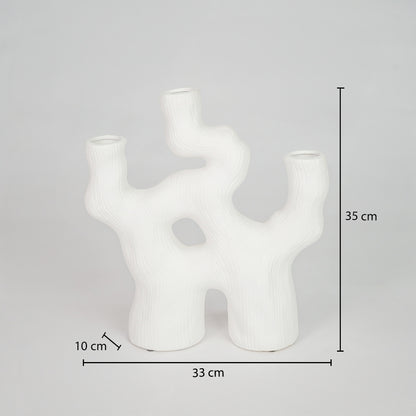 Dimension image of white ceramic abstract vase measuring 33 cm for modern tabletop decor with matte finish styling.
