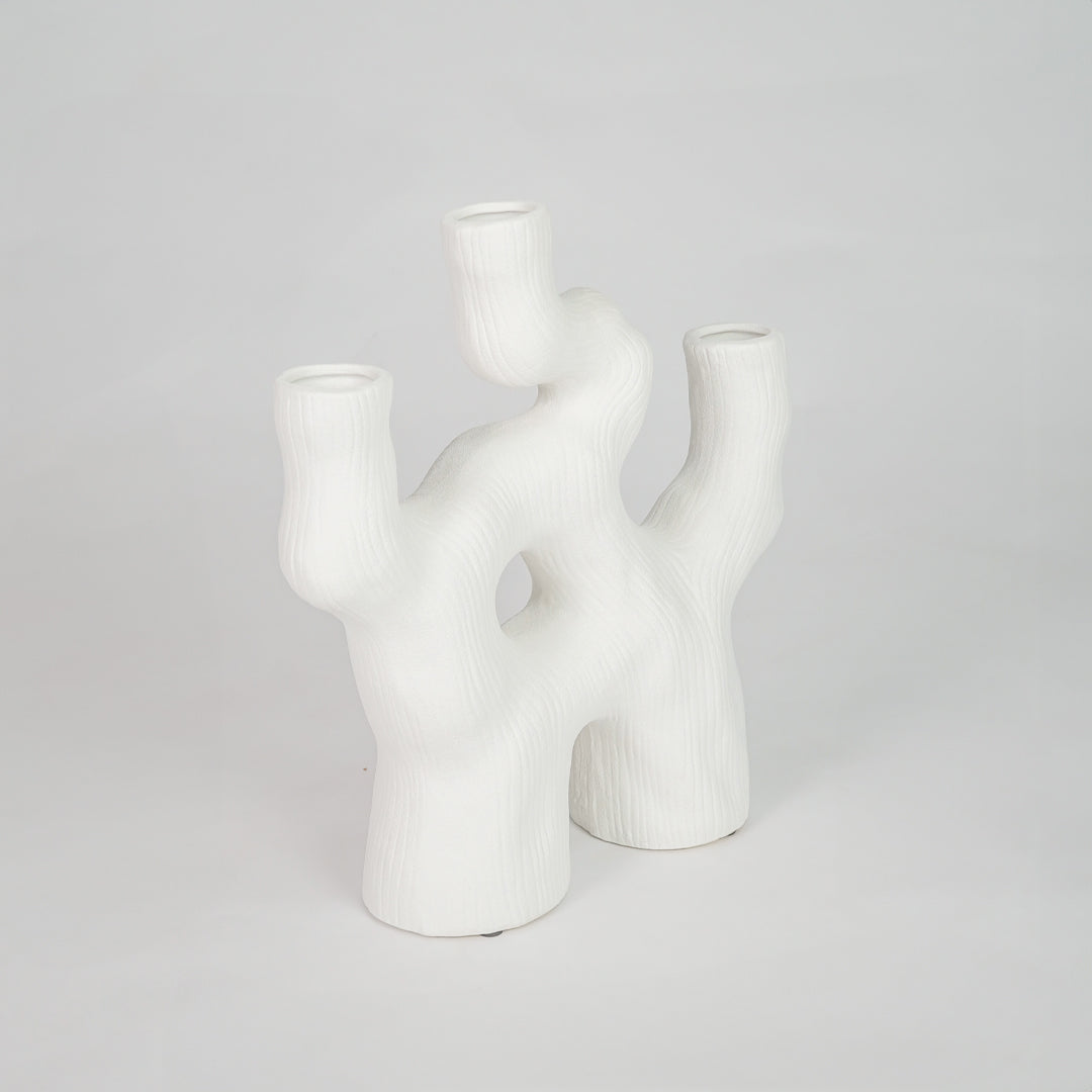 White background image of white ceramic abstract vase for modern interior decor styling with matte finish.