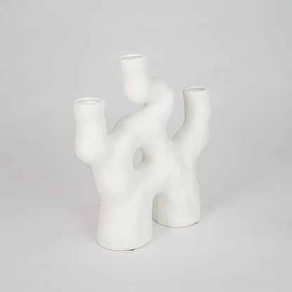 White background image of white ceramic abstract vase for modern interior decor styling with matte finish.