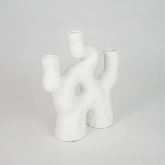 White background image of white ceramic abstract vase for modern interior decor styling with matte finish.