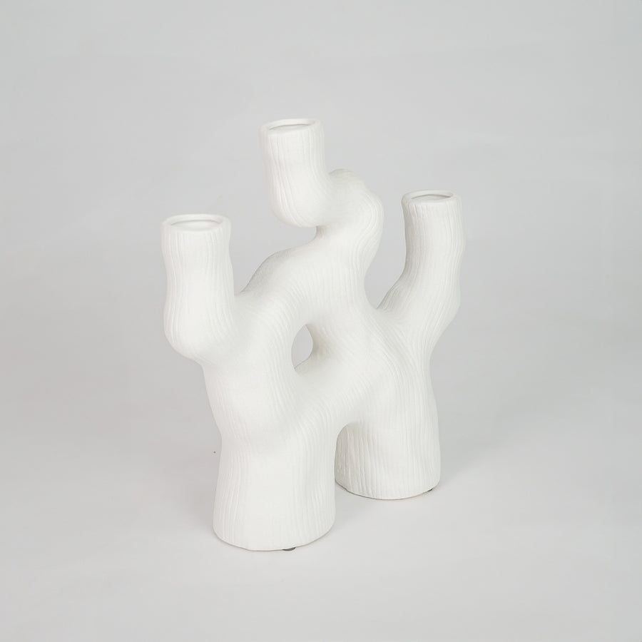 White background image of white ceramic abstract vase for modern interior decor styling with matte finish.
