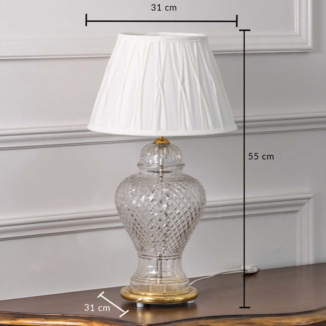 Clear etched glass table lamp with pleated fabric shade measuring 55 cm height and 31 cm width for elegant interiors.