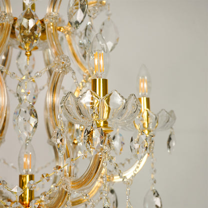 Closeup image of elegant clear crystal chandelier for modern dining room decor styling with beautiful crystal detailings.