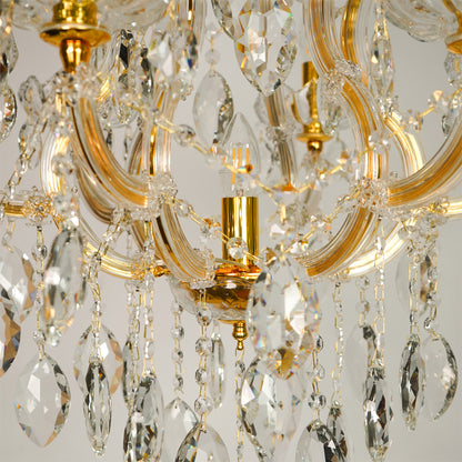 Closeup image of elegant clear crystal chandelier for luxury living room decor styling with beautiful crystal detailings.