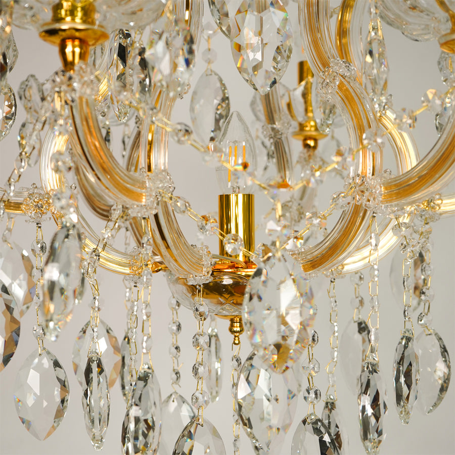 Closeup image of elegant clear crystal chandelier for luxury living room decor styling with beautiful crystal detailings.