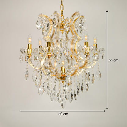 Dimension image of elegant clear crystal chandelier for modern dining room decor styling with precise size measurements.