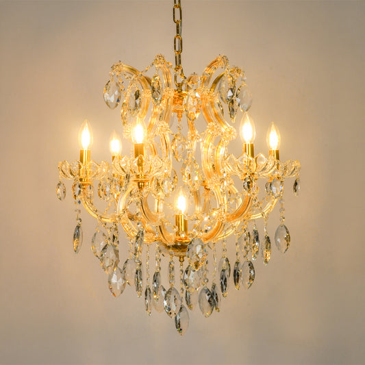 White background image of elegant clear crystal chandelier for modern living room decor styling with bright warm lighting.