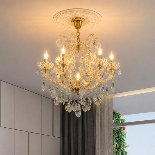 Lifestyle image of elegant clear crystal chandelier for luxury living room decor styling with beautiful crystal detailing.