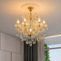 Lifestyle image of elegant clear crystal chandelier for luxury living room decor styling with beautiful crystal detailing.