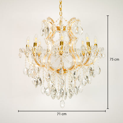 Dimension image of large clear crystal chandelier for modern dining room decor styling with precise size measurement details.