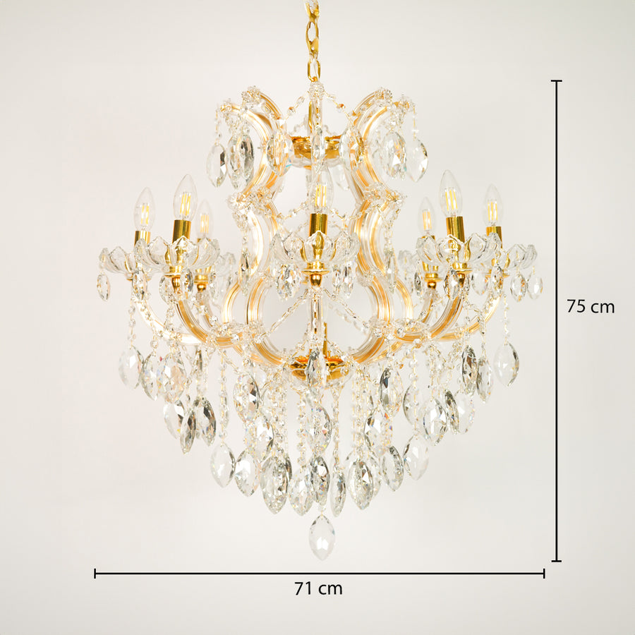 Dimension image of large clear crystal chandelier for modern dining room decor styling with precise size measurement details.