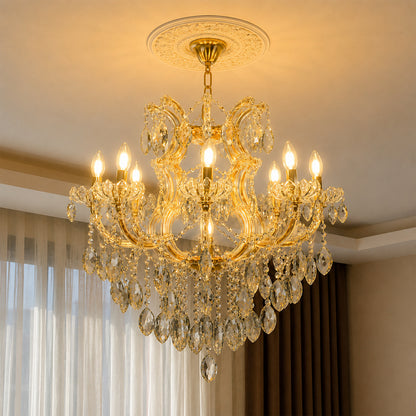 Lifestyle image of large clear crystal chandelier for luxury living room decor styling with beautiful crystal detailings.