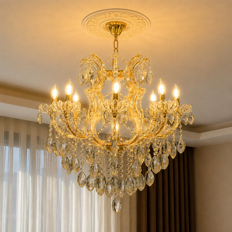Lifestyle image of large clear crystal chandelier for luxury living room decor styling with beautiful crystal detailings.