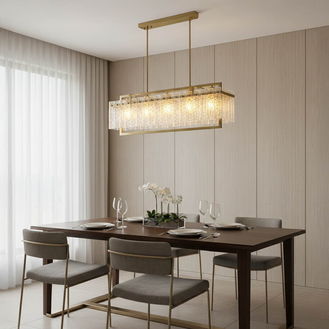 Gold metal crystal chandelier above dining table creating luxurious ambient lighting for modern dining room interiors.
