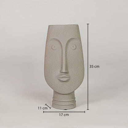 Beige ceramic face vase dimension image with 35 cm height and 17 cm width for elegant table decor.
