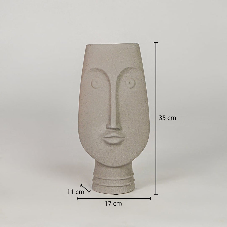 Beige ceramic face vase dimension image with 35 cm height and 17 cm width for elegant table decor.
