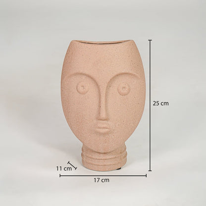 Peach textured ceramic face vase dimension image with 25 cm height and 17 cm width for shelf decor.