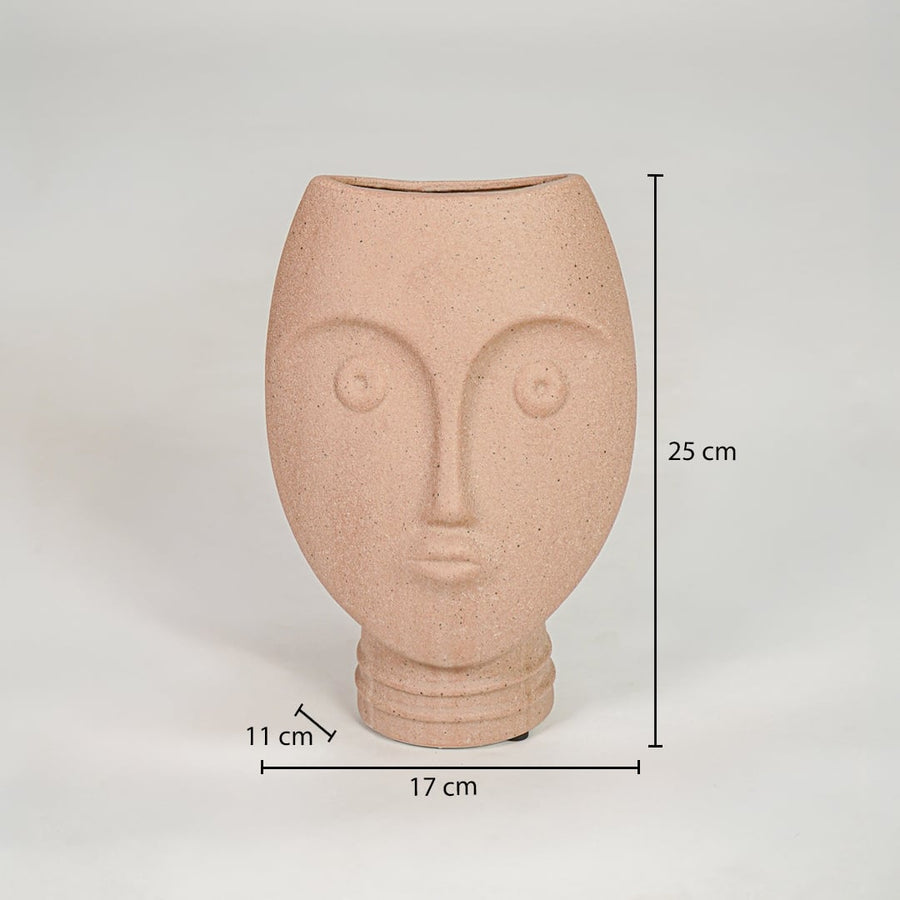 Peach textured ceramic face vase dimension image with 25 cm height and 17 cm width for shelf decor.