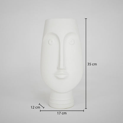 White ceramic face vase dimension image with 35 cm height and 17 cm width for modern table decor.