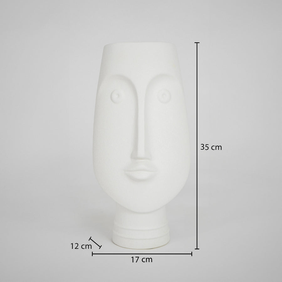 White ceramic face vase dimension image with 35 cm height and 17 cm width for modern table decor.