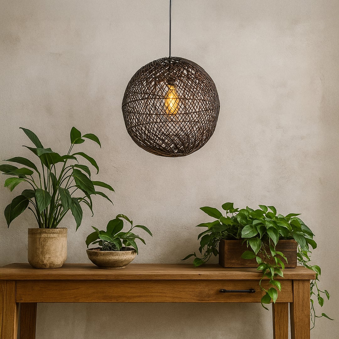 Elegant black round rattan pendant light creating a warm and inviting ambience in modern living or dining room interiors.