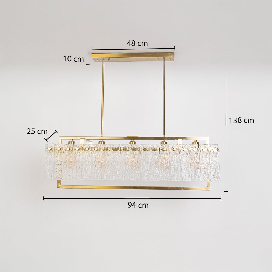 Gold crystal chandelier 94cm width 138cm height with glass droplets dimension image showing luxury rectangular dining light.