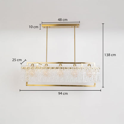 Gold crystal chandelier 94cm width 138cm height with glass droplets dimension image showing luxury rectangular dining light.
