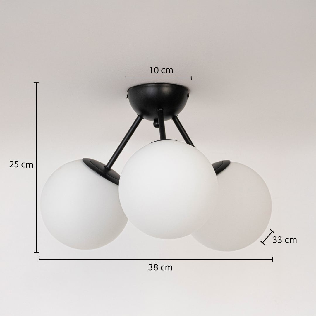 Ceiling light with three frosted glass globes shown with dimensions 38cm width and 25cm height for modern ceiling decor.