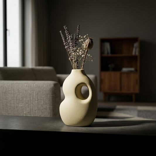Yellow ceramic flower vase with flowers placed on table modern decorative vase for living room decor styling.