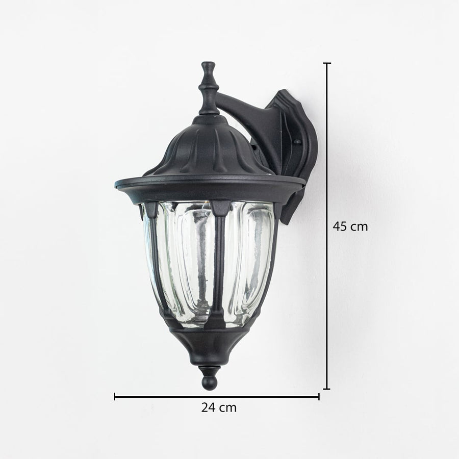 Black outdoor wall lantern 45cm height 24cm width downward facing dimension image showing vintage coach style exterior fixture.