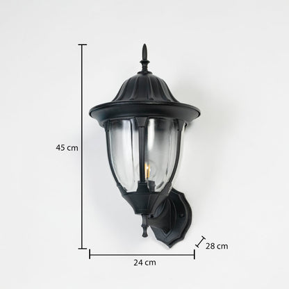 Black outdoor wall lantern 45cm height 24cm width with clear glass dimension image showing traditional coach style exterior light.