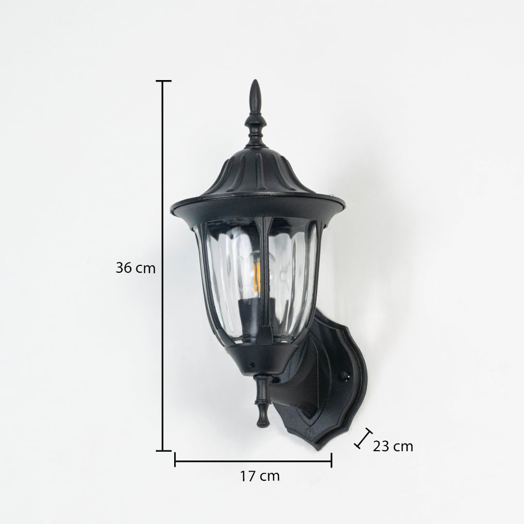 Black metal outdoor wall light dimension image with 36 cm height and ribbed glass shade for patio decor.