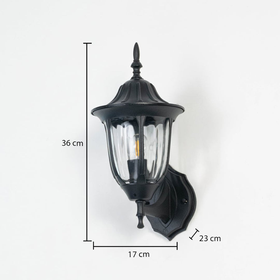 Black metal outdoor wall light dimension image with 36 cm height and ribbed glass shade for patio decor.
