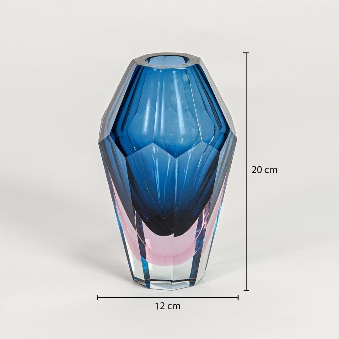 Blue pink faceted glass vase dimension image showing 20 cm height and 12 cm width modern decorative glass decor for table shelf styling.
