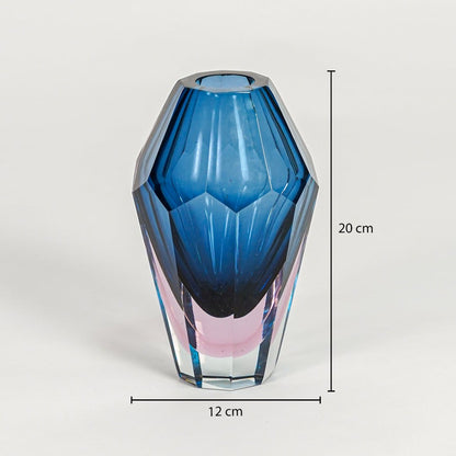 Blue pink faceted glass vase dimension image showing 20 cm height and 12 cm width modern decorative glass decor for table shelf styling.