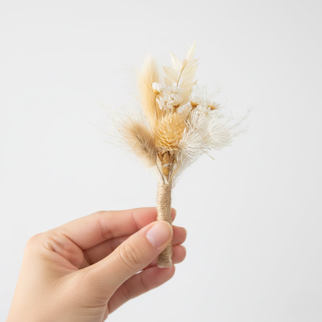 Dried floral mini bouquet with natural beige tones styled on white background perfect for table decor shelf styling.