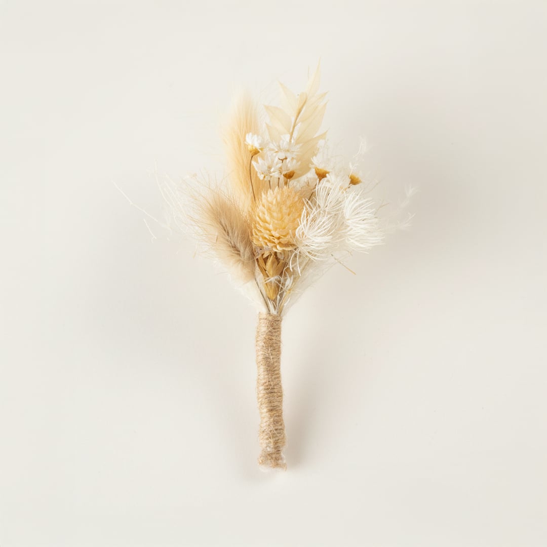 Dried mini floral bouquet in soft beige and ivory tones on white background featuring feathery textures natural elements and elegant decor styling appeal.