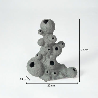 Grey textured ceramic abstract sculpture dimension image with 27 cm height and 22 cm width for table decor.
