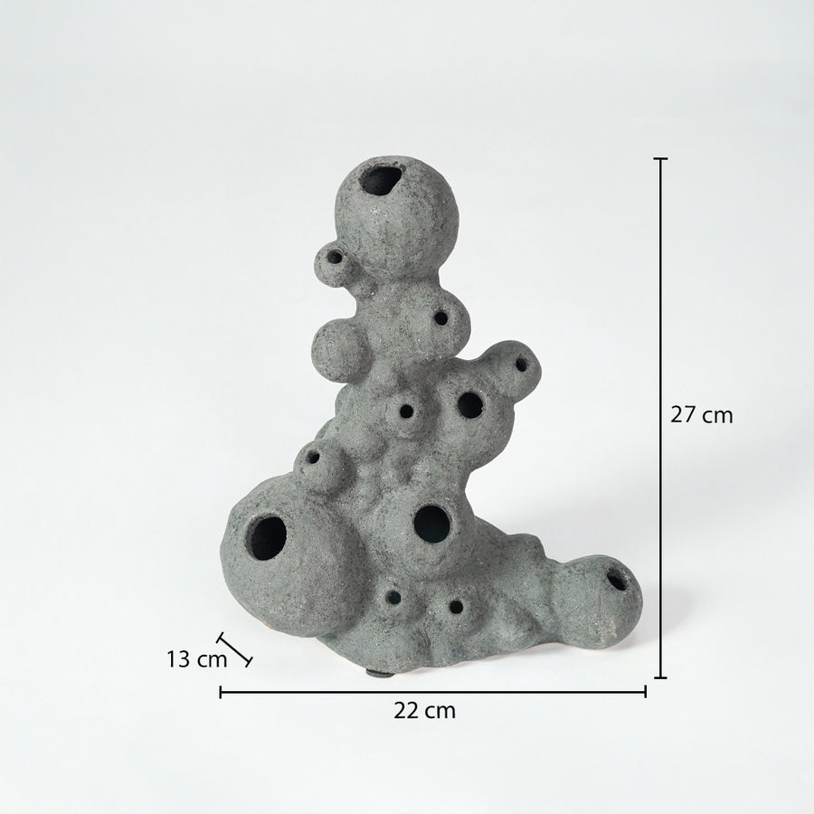 Grey textured ceramic abstract sculpture dimension image with 27 cm height and 22 cm width for table decor.