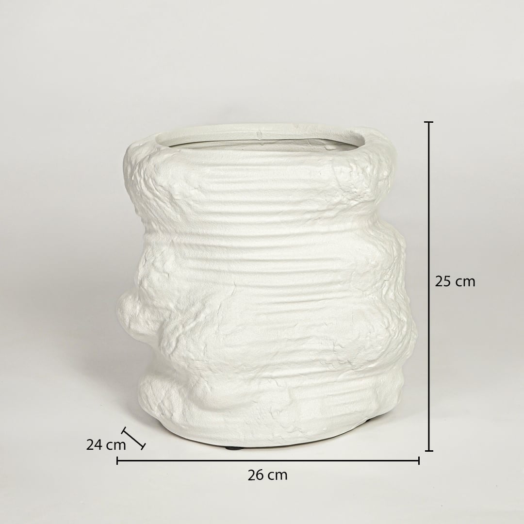 White textured ceramic planter dimension image showing 25 cm height and 26 cm width modern plant pot for floor styling.