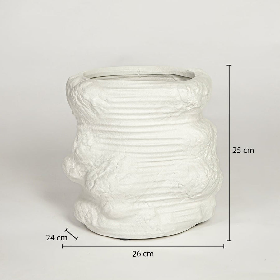 White textured ceramic planter dimension image showing 25 cm height and 26 cm width modern plant pot for floor styling.