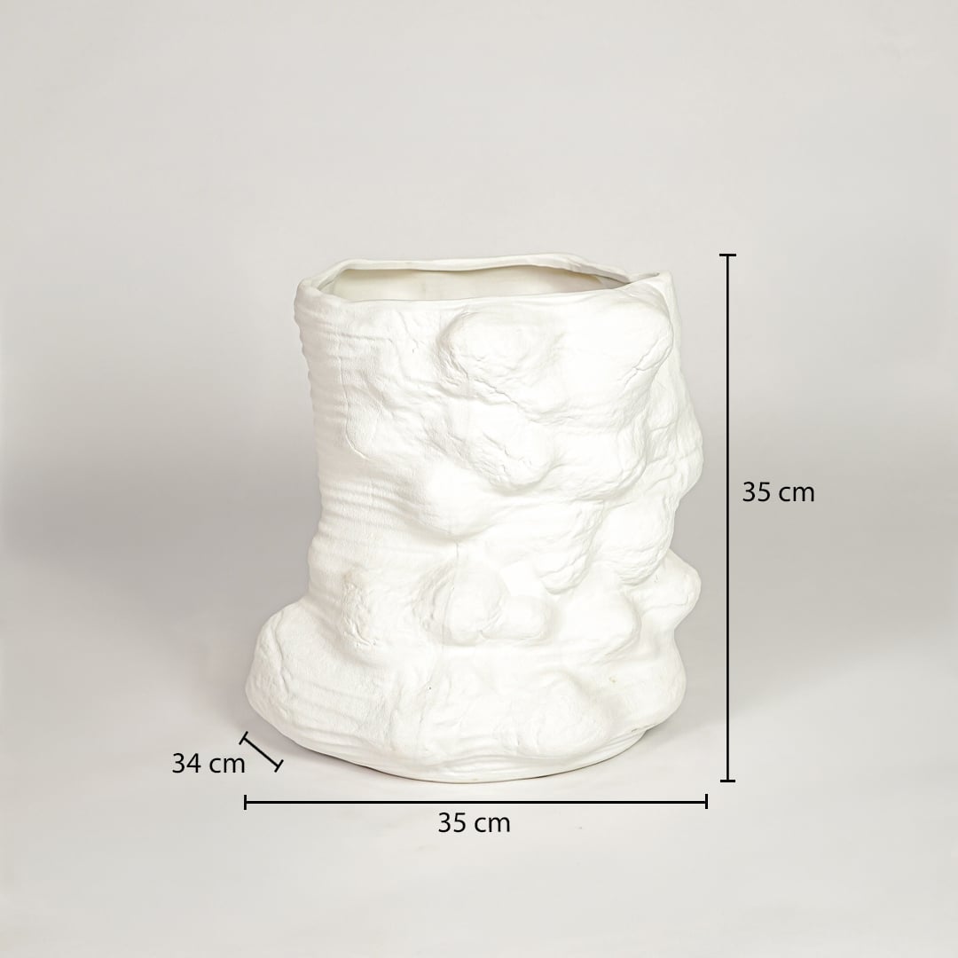 White ceramic decorative vase showing 35 cm width 34 cm depth and 35 cm height ideal for console table decor display.