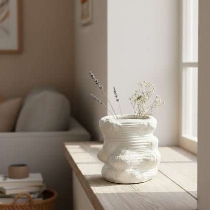 White textured ceramic planter styled on floor modern decorative plant pot for living room corner balcony or entry styling home.