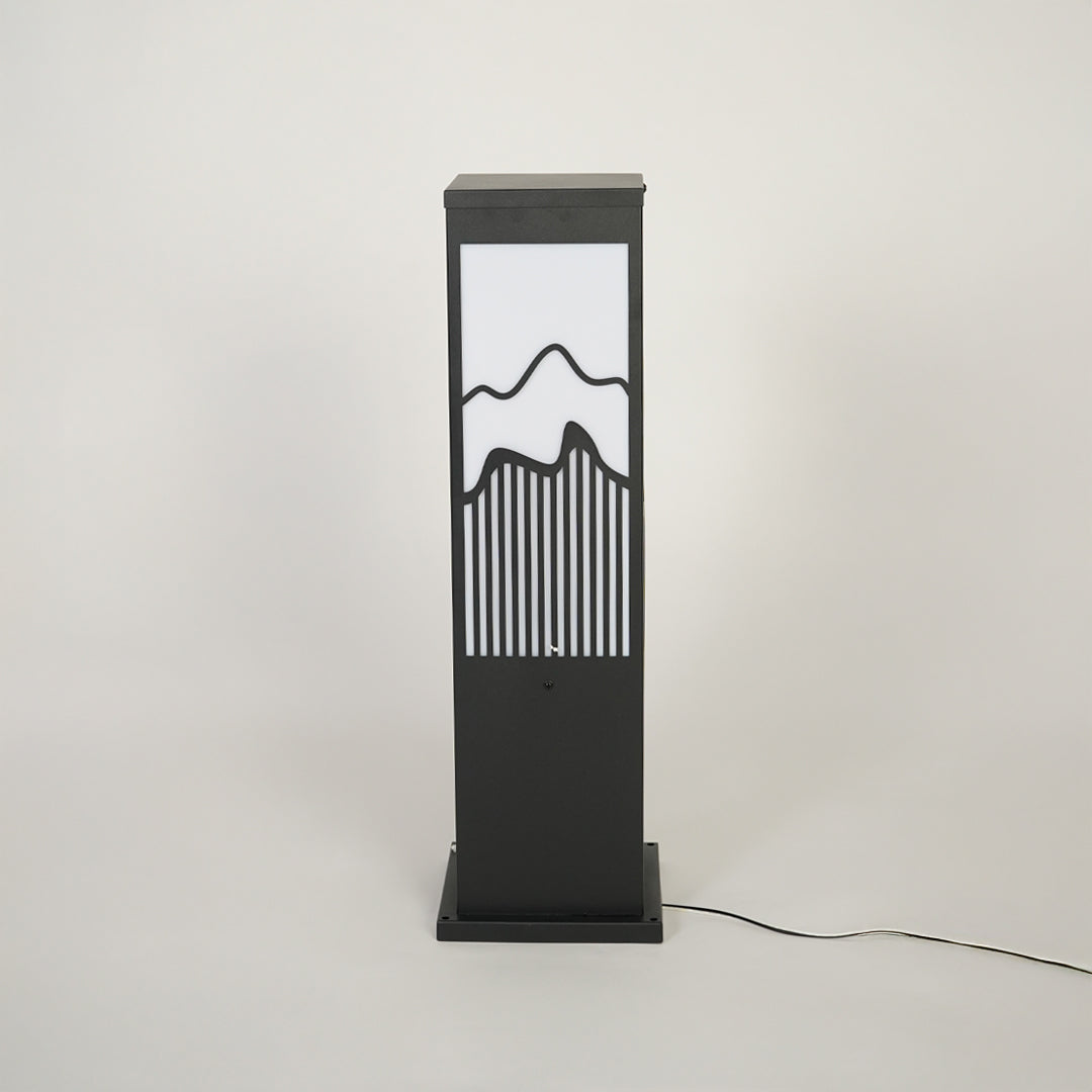 Contemporary outdoor pathway light with geometric metal design and frosted glass panel on clean background perfect for landscape lighting.