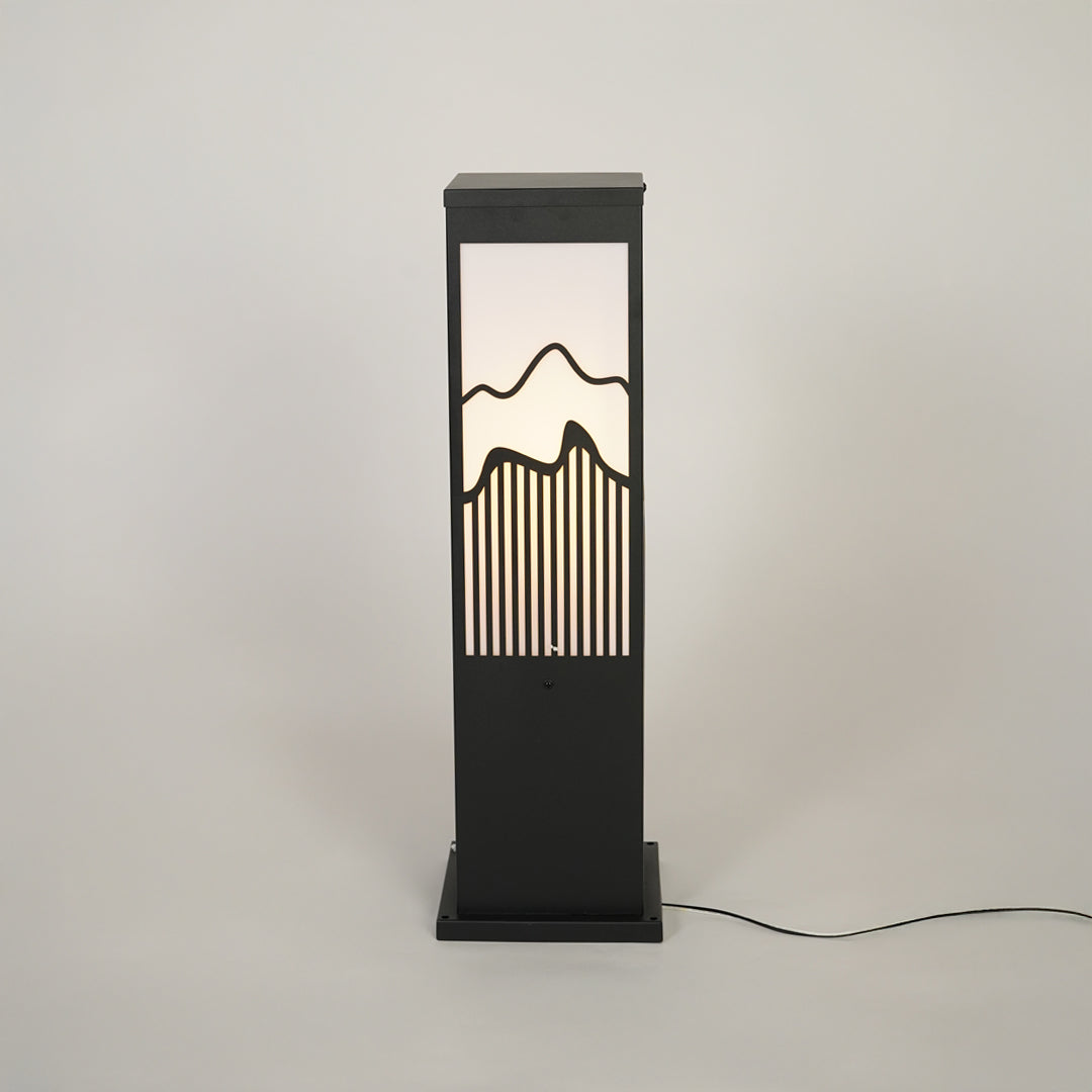 Contemporary outdoor pillar light with geometric metal frame and frosted glass panel on neutral background ideal for modern exterior lighting.

