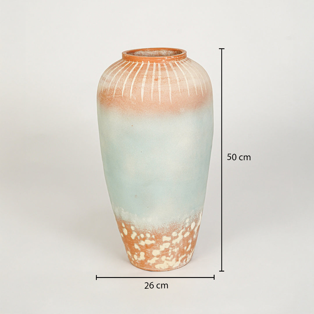 Dimension image of blue terracotta ceramic floor vase measuring 50 cm for elegant home decor styling.
